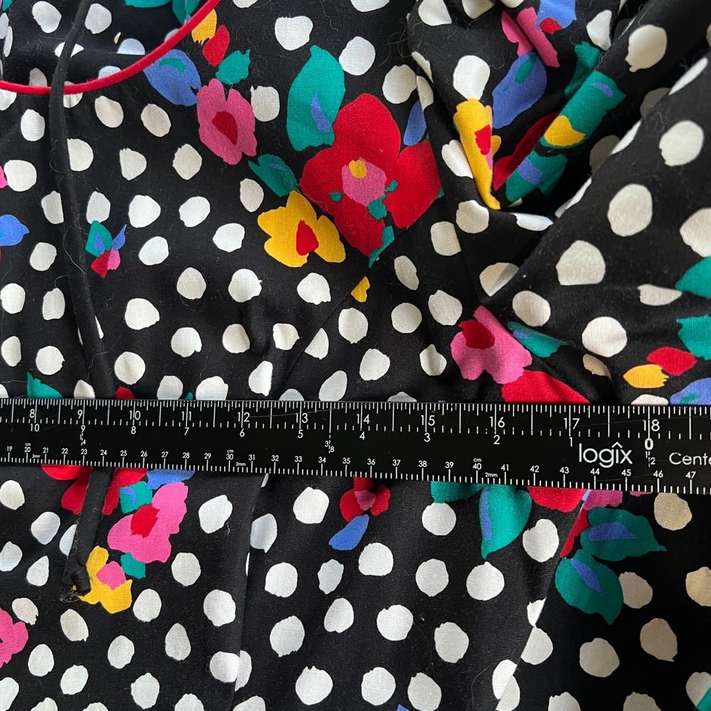 Leslie Lucks Vintage Dress Women 8 Black Floral Polka Dot Excellent Cottagecore - Picture 9 of 10